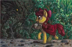 Size: 800x525 | Tagged: safe, artist:dany-the-hell-fox, derpibooru import, apple bloom, earth pony, pony, timber wolf, basket, cape, clothes, female, filly, forest, little red riding hood, mare, mouth hold, profile, red cape, smiling, solo, traditional art, walking