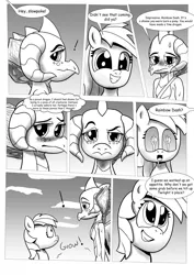 Size: 904x1280 | Tagged: safe, artist:ahobobo, derpibooru import, princess ember, rainbow dash, dragon, pegasus, pony, comic:expanding relations, fanfic, bloodstone scepter, blushing, drool, fanfic art, grayscale, hungry, monochrome, this will end in weight gain