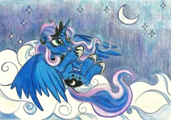 Size: 2000x1411 | Tagged: safe, artist:pedrohander, derpibooru import, princess luna, alicorn, pony, cloud, female, looking up, mare, night, on a cloud, on back, smiling, solo, spread wings, traditional art, wings