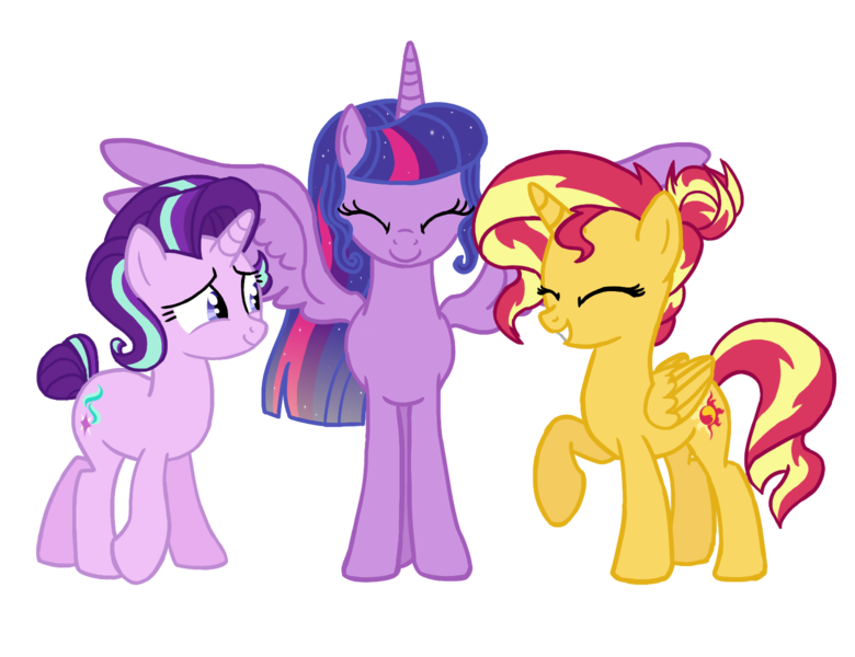 1342206 - safe, artist:flipwix, derpibooru import, starlight glimmer,  sunset shimmer, twilight sparkle, twilight sparkle (alicorn), alicorn,  pony, unicorn, alicornified, alternate hairstyle, counterparts, digital  art, ethereal mane, eyes closed, female ...