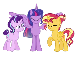 Size: 1560x1200 | Tagged: safe, artist:flipwix, derpibooru import, starlight glimmer, sunset shimmer, twilight sparkle, twilight sparkle (alicorn), alicorn, pony, unicorn, alicornified, alternate hairstyle, counterparts, digital art, ethereal mane, eyes closed, female, hair bun, lesbian, mare, older, older twilight, ot3, race swap, shimmercorn, shimmerglimmer, shipping, simple background, smiling, spread wings, starry mane, sunsetsparkle, tail bun, transparent background, twilight's counterparts, twishimmerglimmer, twistarlight, ultimate twilight, wings