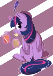 Size: 2057x2967 | Tagged: safe, artist:pastelhorses, derpibooru import, twilight sparkle, twilight sparkle (alicorn), alicorn, pony, abstract background, drink, eating, exclamation point, female, food, french fries, glowing horn, looking at you, looking back, looking back at you, magic, mare, rear view, sitting, solo, telekinesis