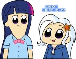 Size: 1484x1161 | Tagged: safe, artist:anime-equestria, derpibooru import, trixie, twilight sparkle, equestria girls, bowtie, clothes, duo, hoodie, human coloration, pop team epic, school uniform, simple background, transparent background, zipper