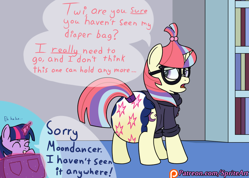 Size: 1400x1000 | Tagged: adult foal, artist:spritepony, book, bookshelf, cute, derpibooru import, desperation, diaper, diaper bag, diaper fetish, fetish, giggling, glowing horn, lying, magic, moondancer, moondancer's sweater, need to pee, omorashi, patreon, patreon logo, poofy diaper, potty time, questionable, speech, speech bubble, text, twibitch sparkle, twilight sparkle, urine, wet diaper