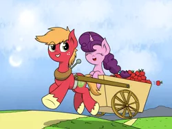 Size: 2048x1536 | Tagged: safe, artist:kimjoman, derpibooru import, big macintosh, sugar belle, earth pony, pony, unicorn, apple, cart, cute, eyes closed, female, food, freckles, fruit, happy, heart eyes, love, male, mare, outdoors, riding, shipping, sky, smiling, stallion, straight, sugarmac, sun, trotting, underhoof, wingding eyes, youtube link