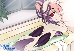 Size: 2597x1788 | Tagged: suggestive, artist:xwhitedreamsx, derpibooru import, oc, oc:sweet velvet, unofficial characters only, anthro, bat pony, anthro oc, ass, bath, bathtub, bat pony oc, blushing, butt, fangs, female, looking at you, looking back, looking back at you, mare, nudity, red eyes, slit eyes, smiling, solo, solo female, towel, water