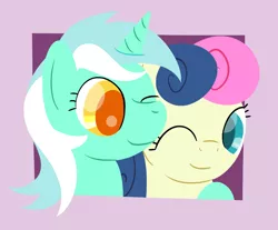 Size: 966x799 | Tagged: safe, artist:phat_guy, derpibooru import, bon bon, lyra heartstrings, sweetie drops, earth pony, pony, unicorn, abstract background, bust, colored pupils, duo, female, frame, hooves, horn, hug, lesbian, lineless, looking at each other, lyrabon, mare, minimalist, modern art, one eye closed, portrait, purple background, shipping, simple background, smiling, wink