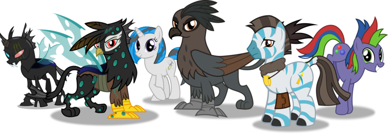 Size: 5231x1802 | Tagged: safe, artist:vector-brony, derpibooru import, oc, oc:blacktuff, oc:bluestripe, oc:grey patch, oc:jester, oc:locksmith, oc:scar, unofficial characters only, changeling, earth pony, gryphon, hybrid, pony, unicorn, zebra, fallout equestria, changeling hybrid, commission, cracked horn, eye scar, group shot, scar, simple background, transparent background, zebra oc