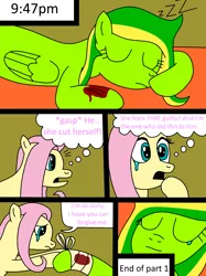 Size: 1936x2592 | Tagged: artist:didgereethebrony, bandage, bleeding, blood, boomeree, comic, comic:a different type of testing, crying, derpibooru import, fluttershy, guilt, injured, oc, oc:boomerang beauty, oc:didgeree, semi-grimdark, sleeping, zzz