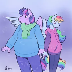 Size: 1280x1280 | Tagged: safe, artist:rwl, derpibooru import, rainbow dash, twilight sparkle, twilight sparkle (alicorn), alicorn, anthro, bbw, blushing, chubby, clothes, fat, female, height difference, holding hands, lesbian, scarf, shipping, size difference, snow, sweater, twidash, twilard sparkle, winter, winter outfit