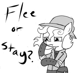 Size: 640x600 | Tagged: safe, artist:ficficponyfic, derpibooru import, oc, oc:lockepicke, unofficial characters only, cyoa:the wizard of logic tower, bag, boots, clothes, coat, cyoa, hat, monochrome, shoes, story included, sweater