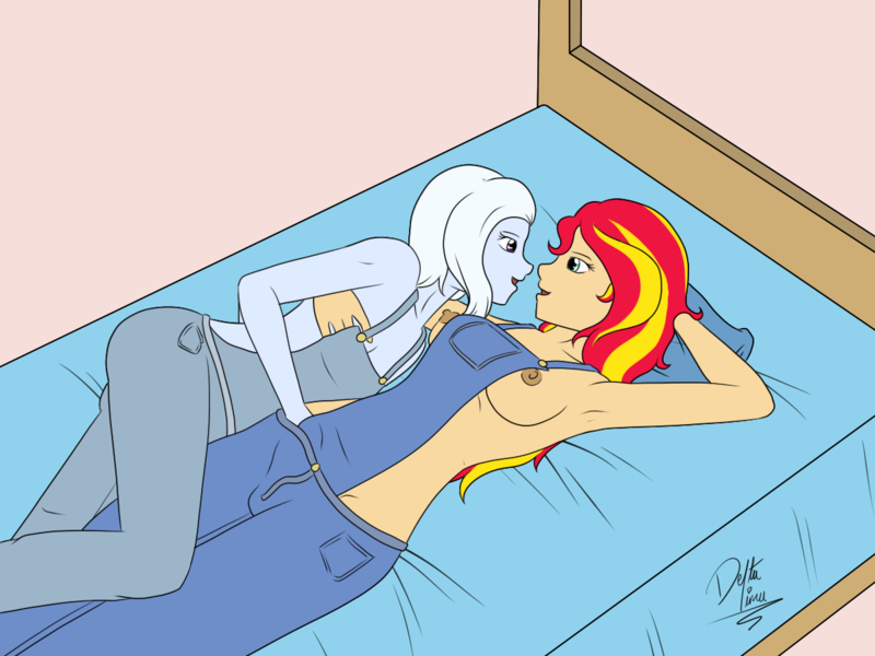 Size: 1200x900 | Tagged: questionable, artist:deltalima, derpibooru import, sunset shimmer, trixie, equestria girls, armpits, breasts, clothes, crotch bulge, futa, futa sunset shimmer, handjob, intersex, looking at each other, naked overalls, nipples, nudity, overalls, partial nudity