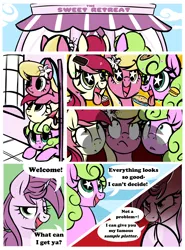 Size: 5100x6900 | Tagged: safe, artist:mulberrytarthorse, derpibooru import, daisy, flower wishes, lily, lily valley, roseluck, oc, oc:mulberry tart, earth pony, pony, unicorn, absurd resolution, bakery, comic, cookie, cupcake, dialogue, female, flower trio, food, ice cream sandwich, imminent vore, imminent weight gain, kitchen eyes, mare, ominous, pie, starry eyes, this will end in weight gain, tongue out, wingding eyes