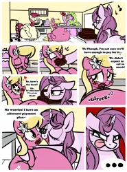 Size: 5100x6900 | Tagged: suggestive, artist:mulberrytarthorse, derpibooru import, daisy, flower wishes, lily, lily valley, roseluck, oc, oc:mulberry tart, earth pony, pony, unicorn, ..., absurd resolution, bakery, belly, belly bed, belly button, big belly, blushing, cake, comic, dialogue, eyes closed, fat, fat fetish, feeding, female, fetish, floppy ears, flower trio, food, force feeding, imminent vore, impossibly large belly, kitchen eyes, licking, licking lips, mare, messy eating, ominous, one eye closed, speech bubble, squishy, starry eyes, stomach noise, stuffed, this will end in vore, tongue out, weight gain, whipped cream, wingding eyes, wink