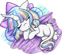 Size: 1528x1329 | Tagged: artist:xwhitedreamsx, bed, blushing, derpibooru import, female, filly, leonine tail, oc, oc:lorelei, pillow, safe, simple background, sleeping, solo, transparent background, unofficial characters only