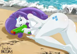 Size: 900x636 | Tagged: suggestive, artist:tittoons, derpibooru import, rarity, equestria girls, ass, barefoot, beach, beach babe, bedroom eyes, boobs and butt pose, breasts, butt, clothes, erect nipples, feet, female, looking at you, looking back, looking back at you, nipple outline, nipples, no trigger discipline, ocean, rearity, sand, senran kagura, sexy, solo, solo female, swimsuit, watergun