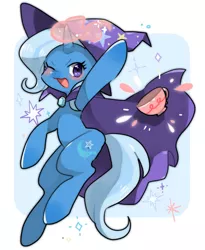 Size: 900x1100 | Tagged: safe, artist:pikudan, derpibooru import, trixie, pony, unicorn, blushing, cape, clothes, cup, cute, diatrixes, female, glowing horn, hat, looking at you, magic, mare, one eye closed, solo, teacup, that pony sure does love teacups, trixie's cape, trixie's hat, wink