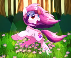 Size: 3018x2479 | Tagged: safe, artist:maren, derpibooru import, oc, oc:purple eye, unofficial characters only, pony, unicorn, crepuscular rays, female, flower, forest, glasses, grass, heterochromia, looking up, mare, open mouth, solo, sunglasses, windswept mane