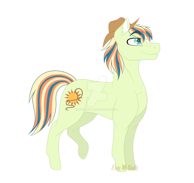 Size: 1600x1513 | Tagged: safe, artist:detoxx-retoxx, derpibooru import, oc, oc:texas sunrise, unofficial characters only, earth pony, pony, cowboy hat, hat, male, offspring, parent:applejack, parent:soarin', parents:soarinjack, simple background, solo, stallion, stetson, transparent background, watermark