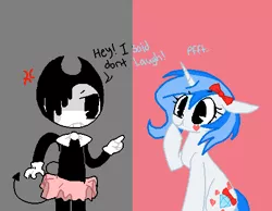 Size: 464x360 | Tagged: safe, artist:gempainter32, derpibooru import, oc, oc:diamond nella, demon, pony, unicorn, angry, bendy, bendy and the ink machine, bendy the demon, blue mane, blue tail, bow, clothes, crossover, diamond, duo, female, gloves, gray background, hair bow, heart, horns, ink, laughing, mare, pink background, pink tutu, pointing, simple background, tutu, two sided background