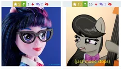 Size: 474x270 | Tagged: safe, derpibooru import, octavia melody, twilight sparkle, derpibooru, equestria girls, caption, jazz music stops, juxtaposition, juxtaposition win, meme, meta, wat