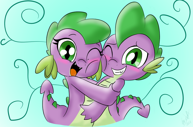 Size: 1214x800 | Tagged: artist:emositecc, baby, baby dragon, barb, barbabetes, blushing, cute, derpibooru import, dragon, dragoness, female, hug, looking at you, male, one eye closed, open mouth, rule 63, rule63betes, safe, selfcest, self dragondox, self ponidox, shipping, smiling, spike, spikebarb, straight