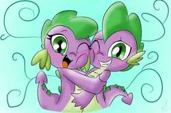 Size: 1214x800 | Tagged: artist:emositecc, baby, baby dragon, barb, barbabetes, blushing, cute, derpibooru import, dragon, dragoness, female, hug, looking at you, male, one eye closed, open mouth, rule 63, rule63betes, safe, selfcest, self dragondox, self ponidox, shipping, smiling, spike, spikebarb, straight