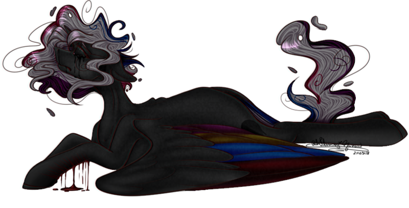 Size: 891x453 | Tagged: semi-grimdark, artist:ohflaming-rainbow, derpibooru import, oc, oc:flaming rainbow, unofficial characters only, pegasus, pony, black sclera, blood, colored wings, female, mare, multicolored wings, prone, simple background, solo, transparent background