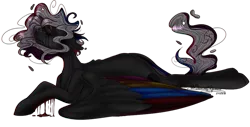 Size: 891x453 | Tagged: semi-grimdark, artist:ohflaming-rainbow, derpibooru import, oc, oc:flaming rainbow, unofficial characters only, pegasus, pony, black sclera, blood, colored wings, female, mare, multicolored wings, prone, simple background, solo, transparent background