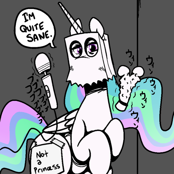 Size: 772x776 | Tagged: questionable, artist:/d/non, derpibooru import, princess celestia, ponified, alicorn, pony, 30 minute art challenge, bag on head, covered cutie mark, female, hitachi wand, japanese, paper bag, parody, sex toy, simple background, speech bubble, vibrator