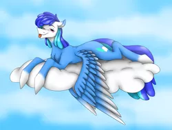 Size: 4069x3087 | Tagged: safe, artist:ggchristian, derpibooru import, oc, oc:cloudy wing, unofficial characters only, pegasus, pony, blushing, chest fluff, cloud, colored wings, colored wingtips, cutie mark, female, hooves, looking at you, lying on a cloud, mare, on a cloud, prone, sky, socks (coat marking), solo, spread wings, tongue out, wings
