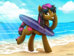 Size: 1200x900 | Tagged: safe, artist:scheadar, derpibooru import, oc, pony, beach, male, solo, stallion, sunglasses, surfboard