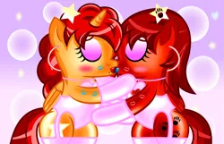 Size: 8615x5561 | Tagged: absurd resolution, alicorn, anime background, artist:nupiethehero, derpibooru import, female, kissing, kiss mark, lesbian, lipstick, oc, oc:skytracker, oc:starlena, red hair, rule 63, suggestive