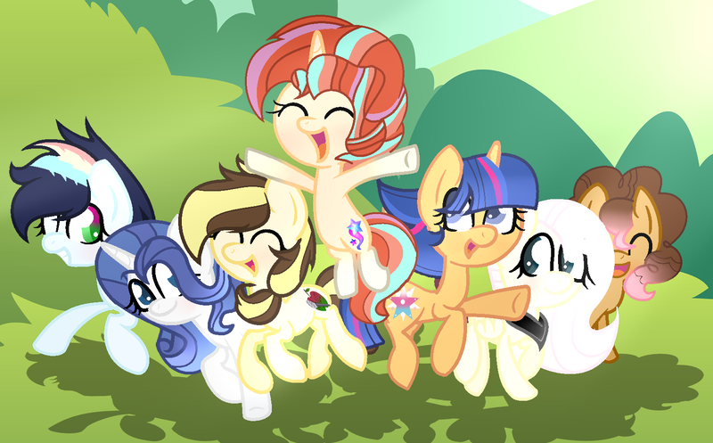 Size: 1624x1008 | Tagged: artist:diamondloveda, derpibooru import, hybrid, interspecies offspring, oc, oc:apple melody, oc:cookie pie, oc:destiny, oc:lavender jewel, oc:star sky, oc:stormy glow, oc:sunlit shine, offspring, parent:applejack, parent:caramel, parent:cheese sandwich, parent:discord, parent:fancypants, parent:flash sentry, parent:fluttershy, parent:pinkie pie, parent:rainbow dash, parent:rarity, parents:carajack, parents:cheesepie, parents:discoshy, parents:flashlight, parent:soarin', parents:raripants, parents:soarindash, parents:starburst, parent:starlight glimmer, parent:sunburst, parent:twilight sparkle, safe