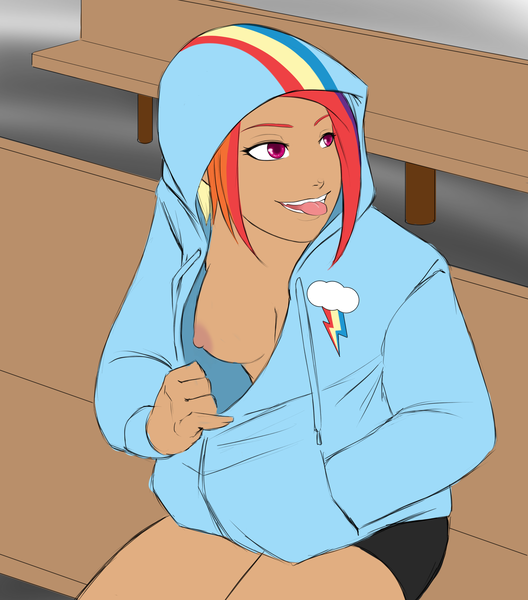 Size: 2724x3096 | Tagged: questionable, artist:eve-ashgrove, derpibooru import, rainbow dash, human, breasts, clothes, female, flashing, flashing boobs, hoodie, humanized, nipples, nudity, self exposure, shorts, sitting, smiling, solo, solo female, sweater, tongue out