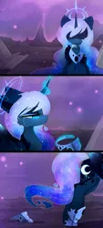 Size: 1101x2429 | Tagged: safe, artist:magnaluna, derpibooru import, princess luna, alicorn, pony, alternate universe, colored wings, crying, cutie mark, ethereal mane, female, galaxy mane, glowing horn, horn, jewelry, magic, mare, mountain, night, regalia, sad, solo, stars, wings