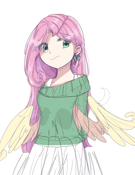 Size: 839x1084 | Tagged: artist:windymils, clothes, derpibooru import, ear piercing, earring, fluttershy, human, humanized, jewelry, piercing, safe, simple background, skirt, solo, sweater, sweatershy, white background, wings