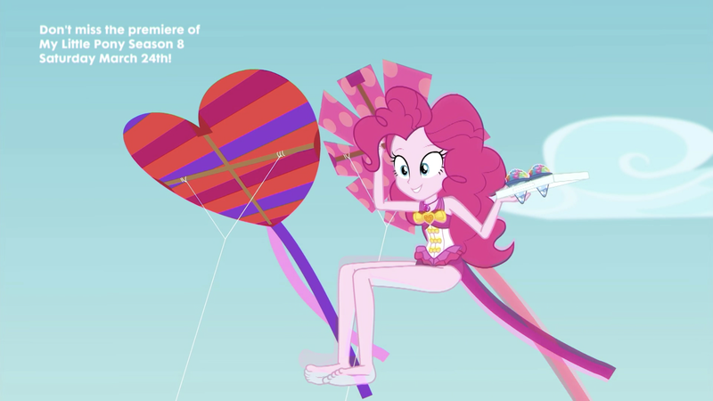 Size: 2208x1242 | Tagged: safe, derpibooru import, screencap, pinkie pie, equestria girls, equestria girls series, too hot to handle, barefoot, clothes, feet, geode of sugar bombs, kite, one-piece swimsuit, snow cone, solo, swimsuit