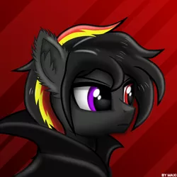 Size: 1500x1500 | Tagged: semi-grimdark, artist:maxiclouds, derpibooru import, oc, unofficial characters only, pony, abstract background, bust, cloak, clothes, heterochromia, male, portrait, red background, serious, solo, stallion, wingding eyes