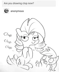 Size: 1389x1694 | Tagged: safe, artist:tjpones, derpibooru import, rainbow dash, rarity, pegasus, pony, unicorn, ask, blushing, clapping, clop, clopping, duo, female, lewd, lidded eyes, mare, monochrome, open mouth, shocked, shrunken pupils, tumblr, wide eyes