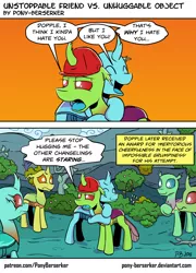 Size: 1032x1430 | Tagged: artist:pony-berserker, background changeling, changedling, changedling oc, changeling, changeling oc, comic, derpibooru import, hard hat, hug, i can't believe it's not idw, oc, oc:berzie, oc:dopple, safe, unofficial characters only