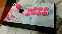 Size: 5312x2988 | Tagged: arcade stick, artist:cobaltsketch, controller, custom, derpibooru import, fight stick, irl, photo, pinkie pie, safe, simple background, solo, toy