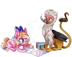 Size: 800x640 | Tagged: safe, artist:ipun, derpibooru import, oc, oc:bay breeze, oc:vistamage, unofficial characters only, gryphon, pegasus, pony, bow, cute, drawing, hair bow, heart eyes, mouth hold, paint bucket, painting, simple background, tail bow, tongue out, transparent background, watermark, wingding eyes