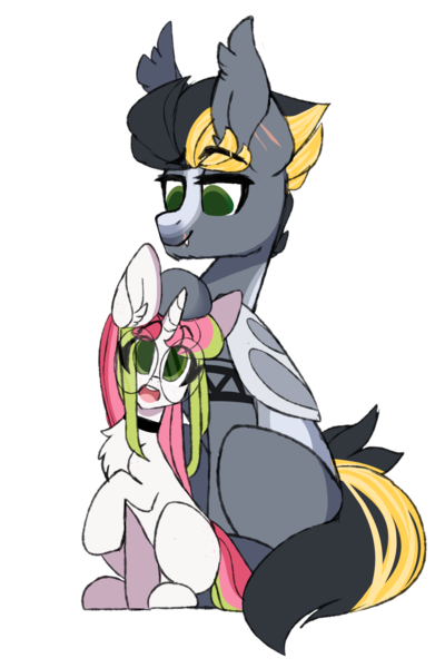 Size: 2000x3000 | Tagged: safe, artist:mimisaurusrex, derpibooru import, oc, oc:choku-dori, oc:stargazer lily, unofficial characters only, bat pony, unicorn, chest fluff, choker, ear fluff, female, freckles, glasses, head pat, looking at each other, looking down, looking up, male, mare, pat, raised hoof, scar, simple background, sitting, size difference, smiling, stallion, tattoo, transparent background