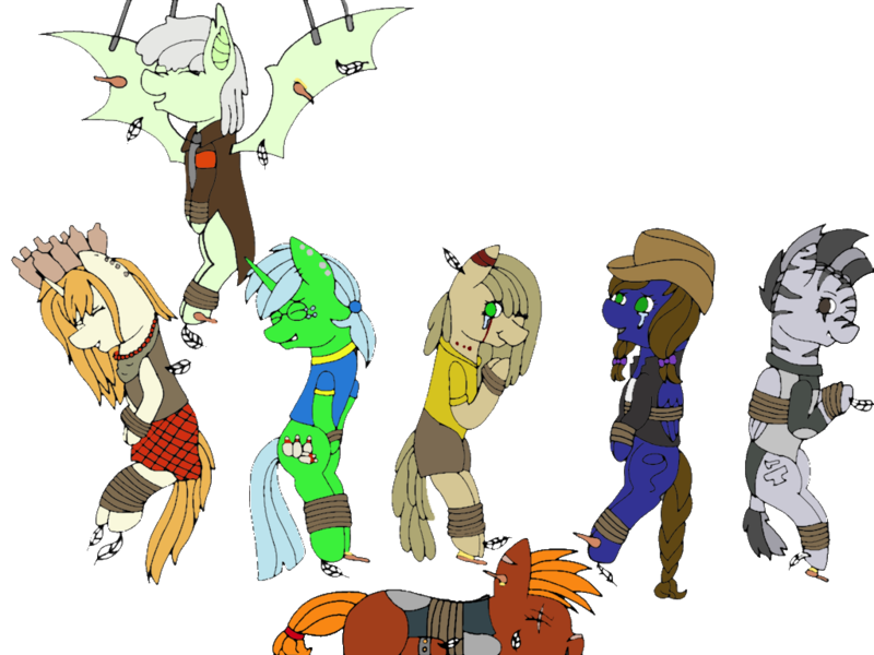 Size: 1024x768 | Tagged: safe, artist:icey-wicey-1517, artist:midnightamber, derpibooru import, oc, oc:blue bella, oc:cactus jackie, oc:hard rook, oc:jiā kē (nightshade), oc:may-bowl, oc:myra, oc:uisge-beatha, unofficial characters only, bat pony, earth pony, pegasus, pony, unicorn, zebra, zebrasus, fallout equestria, bondage, bottle, bottlecap, brush, clothes, colored, crying, ear piercing, earring, eye scar, eyes closed, fallout, feather, female, fetish, freckles, front hoof tickling, glasses, hoof fetish, hoof tickling, jacket, jewelry, laughing, leather jacket, mare, necklace, open mouth, piercing, plaid, plaid skirt, rope, rope bondage, scar, simple background, skirt, suspended, tanktop, tattoo, tears of laughter, tickle torture, tickling, transparent background, zebra oc