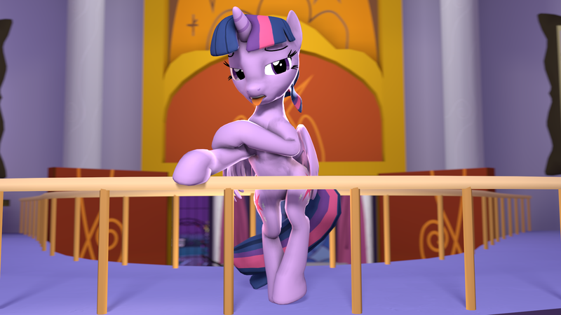 Size: 1920x1080 | Tagged: safe, artist:ponygaben, derpibooru import, twilight sparkle, twilight sparkle (alicorn), alicorn, 3d, balcony, bedroom eyes, bipedal, bipedal leaning, female, leaning, looking at you, solo, source filmmaker, tongue out