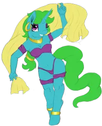 Size: 2647x3252 | Tagged: safe, artist:theshadowstone, derpibooru import, oc, oc:wishy washy, unofficial characters only, anthro, unguligrade anthro, unicorn, belly dancer, ear piercing, earring, jewelry, piercing, simple background, solo, transparent background
