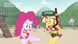 Size: 2208x1242 | Tagged: safe, derpibooru import, screencap, pinkie pie, sunset shimmer, equestria girls, equestria girls series, unsolved selfie mysteries, beach, clothes, flippers, one-piece swimsuit, snorkel, swimsuit, tongue out