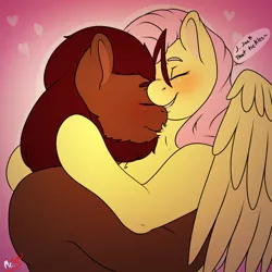 Size: 4000x4000 | Tagged: safe, artist:mr.smile, derpibooru import, fluttershy, oc, oc:boulder, semi-anthro, blushing, bouldshy, canon x oc, comic, cuddling, female, human shoulders, male, smiling, speech bubble, straight