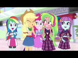 Size: 2048x1536 | Tagged: safe, derpibooru import, screencap, applejack, lemon zest, pinkie pie, rainbow dash, sunny flare, dance magic, equestria girls, spoiler:eqg specials, adoraflare, applejack's hat, bowtie, clothes, cowboy hat, crystal prep shadowbolts, cute, female, freckles, hat, headphones, plaid skirt, pleated skirt, school uniform, skirt, zestabetes